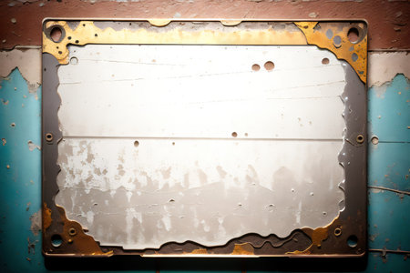 Rusty metal plate with chipped paint creating a grungeの素材
