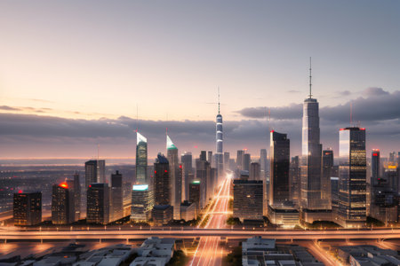Modern cityscape with skyscrapers andの素材