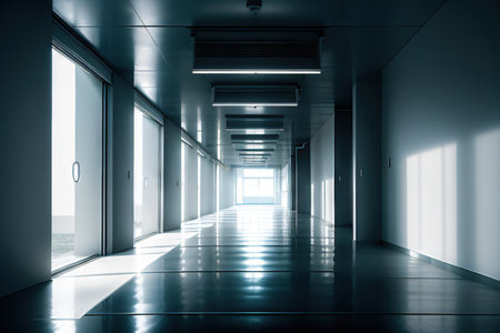 Long empty corridor with neon Background with selective focus and copy spaceの素材