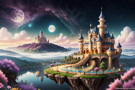 Fantasy castle on a background of the sky with clouds and anime backgroundの素材