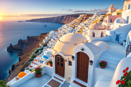 imaginary view to Fira town on Santorini Incredibly romantic sunrise on Oia village in the morning Amazing sunset view with white Island ofの素材