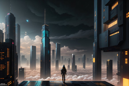 cyberpunk sitting on top of a skyscraper and looking over a cityの素材