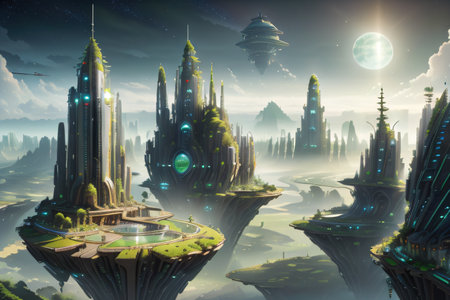 futuristic city landscape with fantasy planet and riverの素材