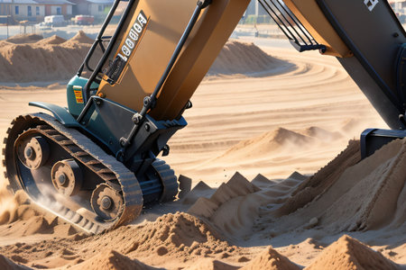 of an excavator dredging sand and material at a construction site in activeの素材