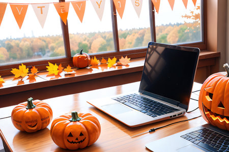 typing on laptop in Autumn pumpkins with using a laptop from digital aiの素材