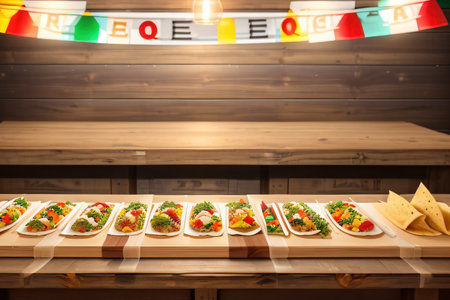 A picture of a Taco Bar with a variety of ingredients on a rustic white wood It is a Mexicanの素材