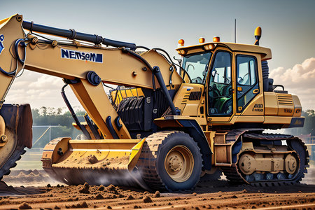 A yellow excavator sitting on top of a dirt fieldの素材