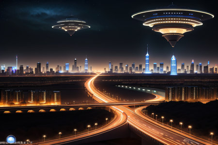 Futuristic city at night with flying ufo and carsの素材