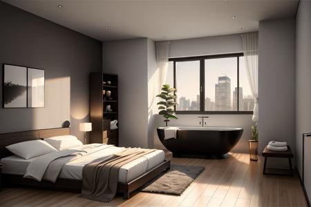 Corner view on dark bathroom and bedroom interior with bathtubの素材