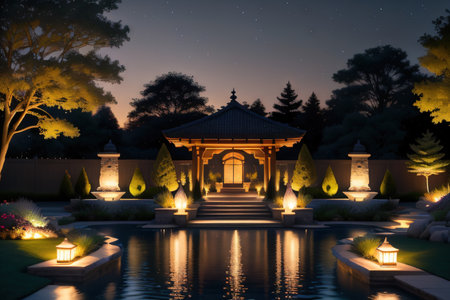 An outdoor fountain display illuminated in the Garden landscape designの素材