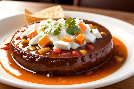 chocolate pudding with vegetables and feta cheese on a white plateの素材