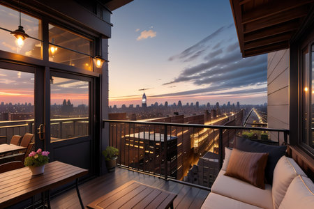 New York Penthouse balcony at duskの素材