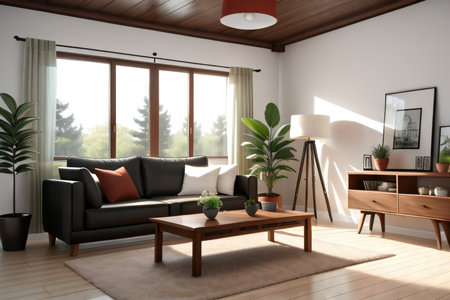 Home interior with red table and decor in green livingの素材