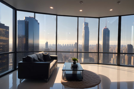 executive leads team to success in a futuristic overlooking a city blending modern technology and leadershipの素材