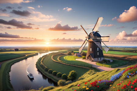 Dutch Windmill in the at Landscape Wallpaperの素材