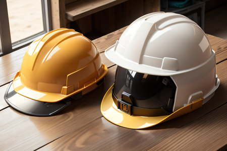 construction helmet on a wooden table made with AIの素材