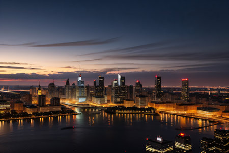 a city skyline is lit up at night with colorfulの素材