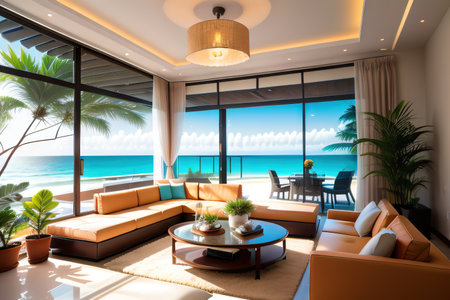 Bright living room interior with large panoramic windowの素材