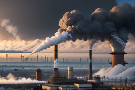 Photo pour Power plant with smoking chimneys on a background of blue release into the of carbon trading pollution - image libre de droit