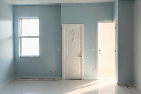 Minimal abstract light blue background for product Shadow and light from windows on plaster wall generate AIの素材