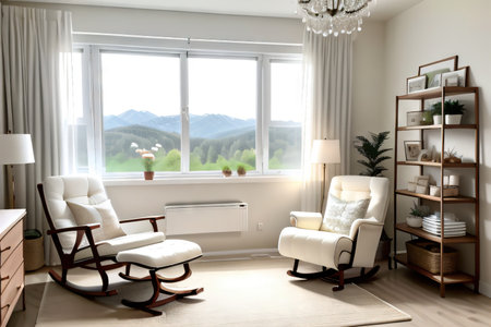 Modern Apartment Nursery Interior with Crib and Styled Rocking Chair and Mountain Views with Light Filtering Curtainsの素材