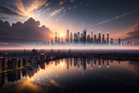 Futuristic cityscape with reflection in water at sunsetの素材