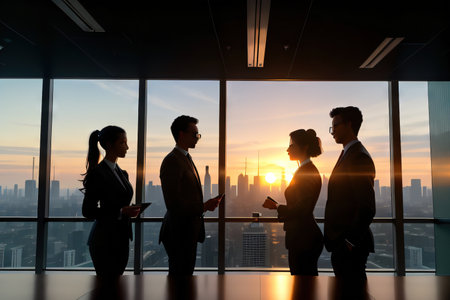 silhouette of a successful looking to the city through the window of a skyscraper standing at sunset or corporate professionalの素材