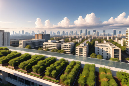 Aerial view of green rooftop garden showcasing sustainable city urban developmentの素材