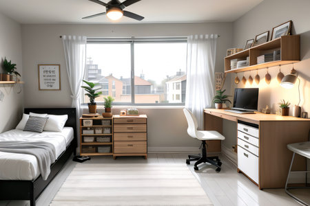 Modern dorm room with typical decoration and furniture as digitalの素材