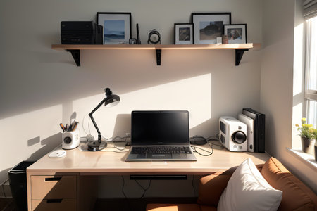 A stylish pair of headphones placed on a clean desk in a modern with a laptop and otessentials in the backgroundの素材