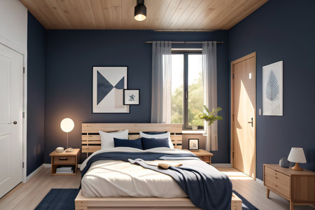 Contemporary Nordic bedroom with wooden bed and side table against a navy blue wall and hardwood Rendered inの素材