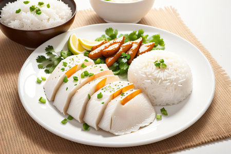 Hainanese Chicken Rice dish isolated on whiteの素材
