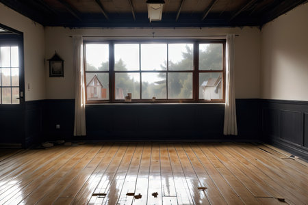 Mysterious Halloween Dark horror background with vacant wooden planksの素材