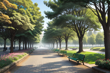 Misty steam of late Park with benches andの素材