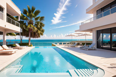 Sea modern white beach hotel with swimming Sunbed on sundeck for vacation home or Editedの素材