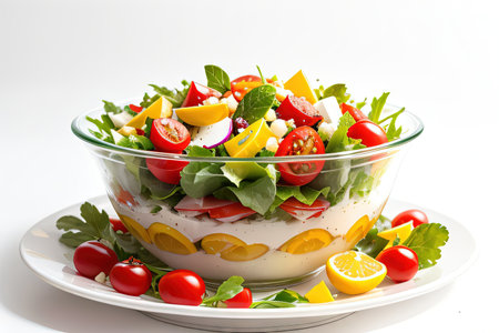 Salad with ingredients and food pieces floating in the air on white backgroundの素材
