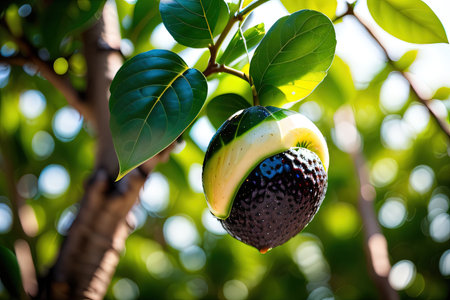 Green ripe avocados fruits hanging on avocado trees Harvesting fresh ripe organicの素材