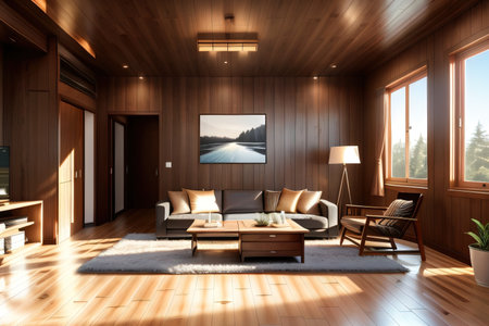 a living room in style with wooden floors and wooden wallsの素材