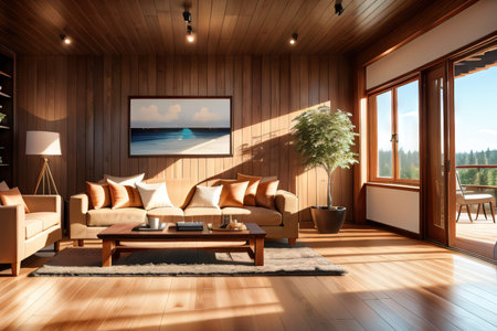 a living room in style with wooden floors and wooden wallsの素材