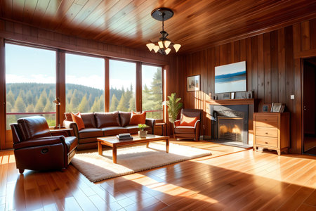 a living room in style with wooden floors and wooden wallsの素材