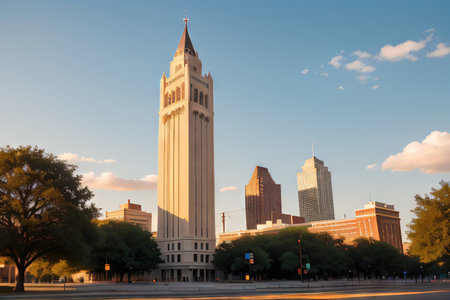 The iconic tower of the University of at Austin stands tall against a clear blue skyの素材