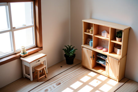 A dollhouse against a white wall background with copy space for Miniature toy house with tiny cute furniture on wooden front photoの素材