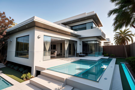 Modern architecture of home Glass futuristic building exterior of luxury villnightの素材