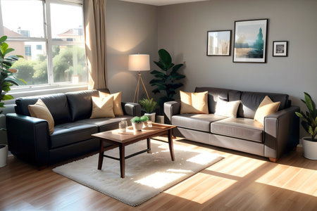 Casual living room interior with a transparent wallの素材