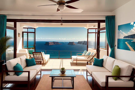 Luxury apartment terrace Santorini Interior of modern living room sofa or couch with beautiful seaの素材