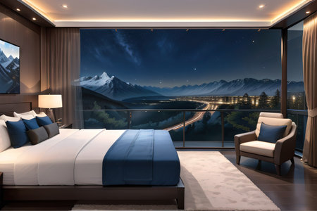 night scene glass house bedroom with a mountain Fully glass largeの素材