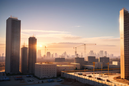 Construction site with a tower Construction of residential Panoramic view of the construction of Landscape with a modern cityの素材
