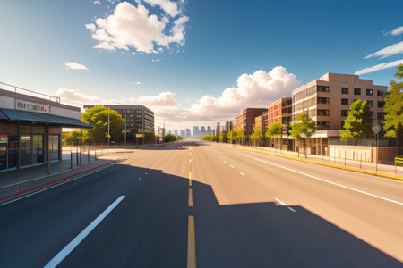Empty asphalt floor with faraway cityscape backgroundの素材