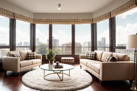 Sofa with plaid on round rug against of windowの素材