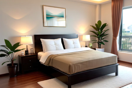 a bedroom with a potted plant on the side of the and a lamp on theの素材